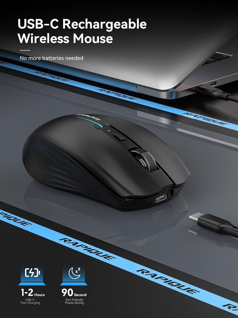 RAPIQUE Bluetooth Wireless Mouse - (BT1/BT2+USB) Tri-Mode High Performance, Rechargeable, Quiet Click, Multi-Device Compatibility for Laptop, Computer, MacBook, Tablet, PC (Black) - Image 4